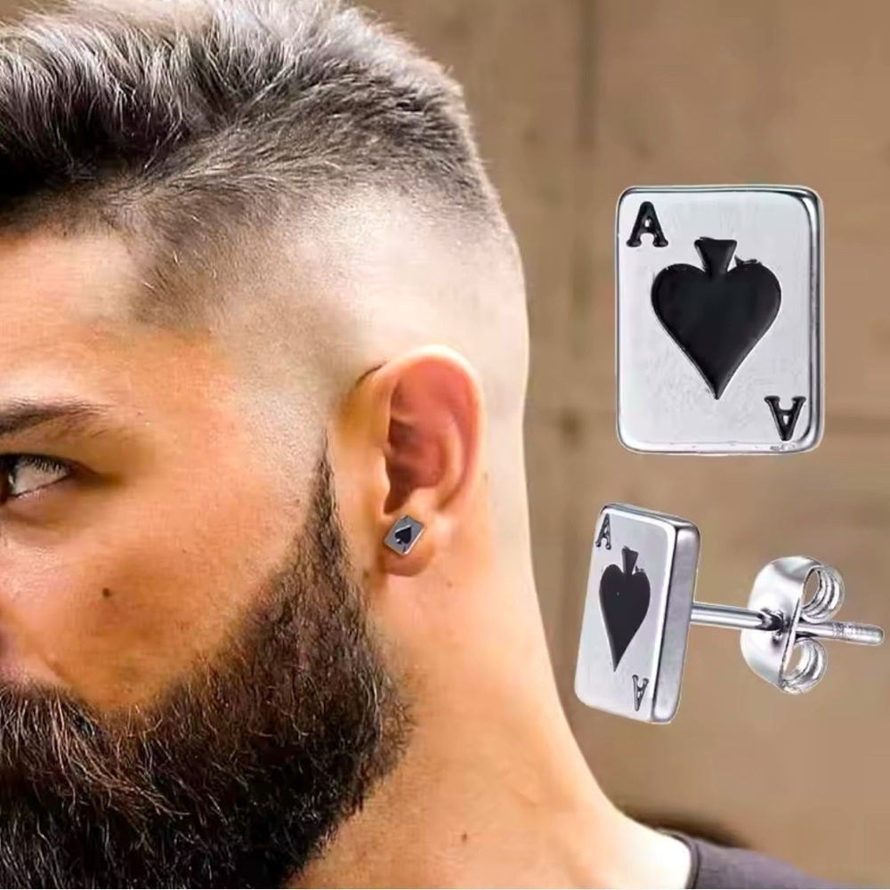 Sterling Silver Plated Stainless Steel Ace Of Spades Stud Earrings Unisex